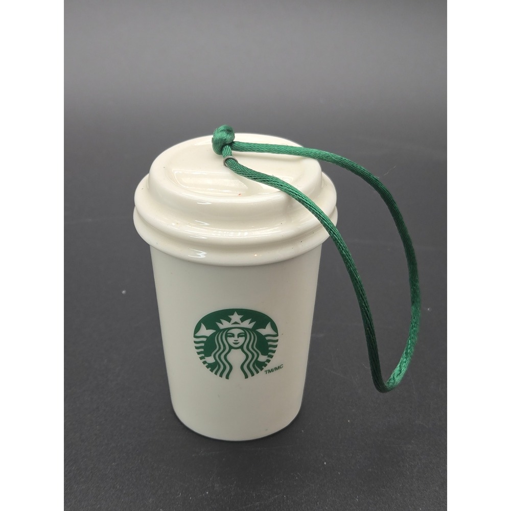 Starbucks 2011 Ceramic Mini Coffee Cup Travel Mug Ornament White Green Logo